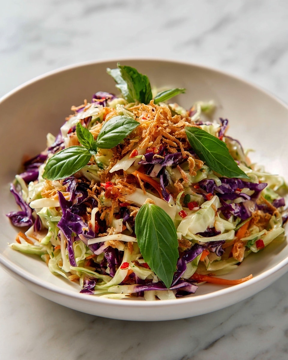 A white bowl filled with a colorful salad layered with shredded white cabbage, thin strips of bright orange carrot, and thin purple cabbage pieces mixed together. Fresh green mint leaves and cilantro are scattered on top, along with some crunchy fried shallots that add texture and a light brown color on the very top. The bowl sits on a white marbled surface, with a wooden-handled spoon resting inside the bowl on one side and a small jar of dark dressing nearby. photo taken with an iphone --ar 4:5 --v 7