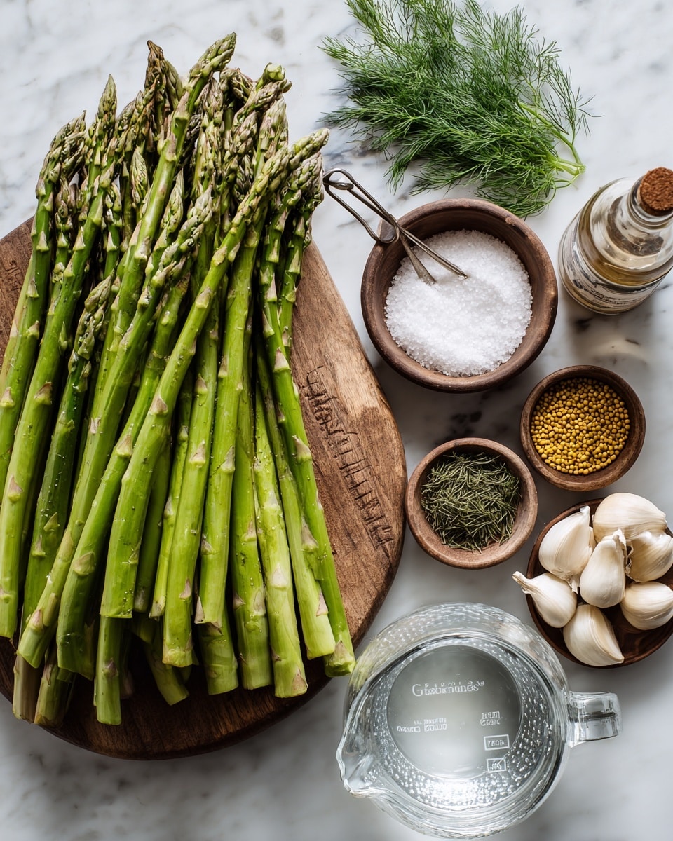 The image shows several bundles of fresh green asparagus with tightly closed tips on the left side. In the center, there is a small wooden board holding white granulated sugar in a metal measuring cup, several peeled garlic cloves, dried green dill in a small brown bowl, and yellow mustard seeds in another small brown bowl. To the right, there is a clear bottle of vinegar and a wooden container with coarse salt next to it. Below the board is a clear glass measuring cup filled with water. The background is a white marbled surface. Photo taken with an iphone --ar 4:5 --v 7
