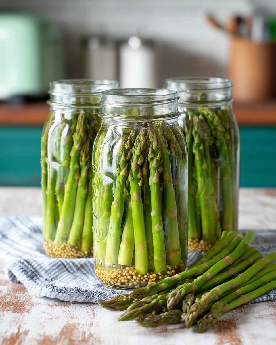A clear glass jar filled with whole green asparagus stems standing upright, immersed in a light brine with visible mustard seeds and dill. Inside the jar near the top is a large white garlic clove. The jar has a silver metal lid and sits on a textured quilted cloth with soft orange and yellow floral patterns, on a wooden surface with a blurred white marbled kitchen background. The jar's glass shows some water droplets and refractions from the liquid inside. photo taken with an iphone --ar 4:5 --v 7