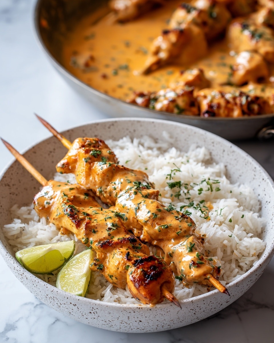 Two chicken skewers are placed on a bed of white rice inside a white speckled bowl. The skewers are coated with a thick, creamy orange sauce with green herbs mixed in. Two lime wedges rest on the left side of the rice. Behind the bowl, there is a pan on a white marbled surface with extra chicken skewers cooking inside. The lighting is bright, highlighting the textures and colors clearly. photo taken with an iphone --ar 4:5 --v 7