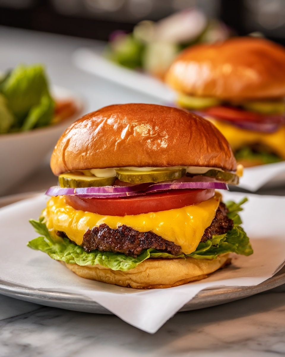 A close-up view of a cheeseburger on a piece of white paper resting on a wooden surface with a white marbled texture background. The bottom layer is a soft, lightly toasted bun, topped by a fresh green lettuce leaf. Above the lettuce is a slice of red tomato, followed by a juicy beef patty covered with melted orange cheddar cheese. On top of the cheese, there are slices of purple red onion and green pickles, finished with a spread of light-colored sauce. The sandwich is crowned with a smooth, golden-brown bun top. In the blurred background, there are more buns and fresh vegetables on a white plate. Photo taken with an iphone --ar 4:5 --v 7