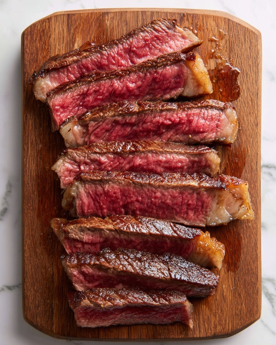 The image shows several thick slices of cooked steak arranged side by side on a wooden board. Each slice reveals three layers: a browned, slightly crisp outer edge; a middle layer with a gradient of brown and pink; and a center that is deep pink to red, indicating a medium-rare cooking level. Some pieces have a strip of light golden fat along the edges, adding texture contrast. The wooden cutting board has small pools of steak juice, enhancing the look of tenderness. The background is a white marbled surface. Photo taken with an iphone --ar 4:5 --v 7