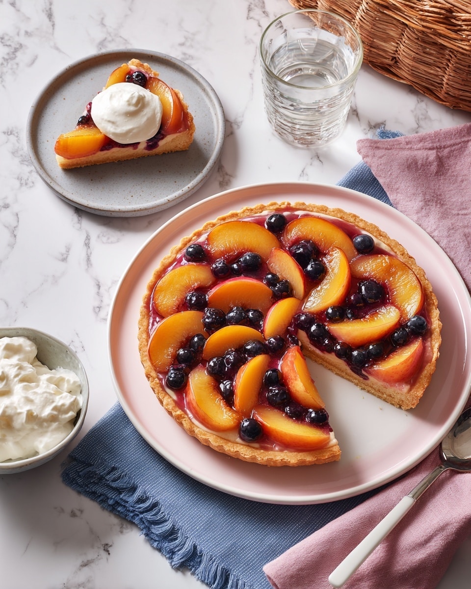 A round fruit tart sits on a white plate with a pink rim, placed on a light blue cloth over a white marbled surface. The tart has a single golden brown crust layer with a shiny glaze on top. The top layer shows thick slices of red and pink fruit, likely apples, arranged in a circular pattern, with small dark blueberries scattered unevenly on top. One slice of the tart is removed and placed on a plain white plate nearby, with a dollop of white cream on it. A knife with a yellow handle rests on the plate with the tart, covered in some fruit glaze. To the side, a small white bowl holds thick white cream with a spoon inside. A clear glass of water and a pink cloth napkin sit nearby. Photo taken with an iphone --ar 4:5 --v 7