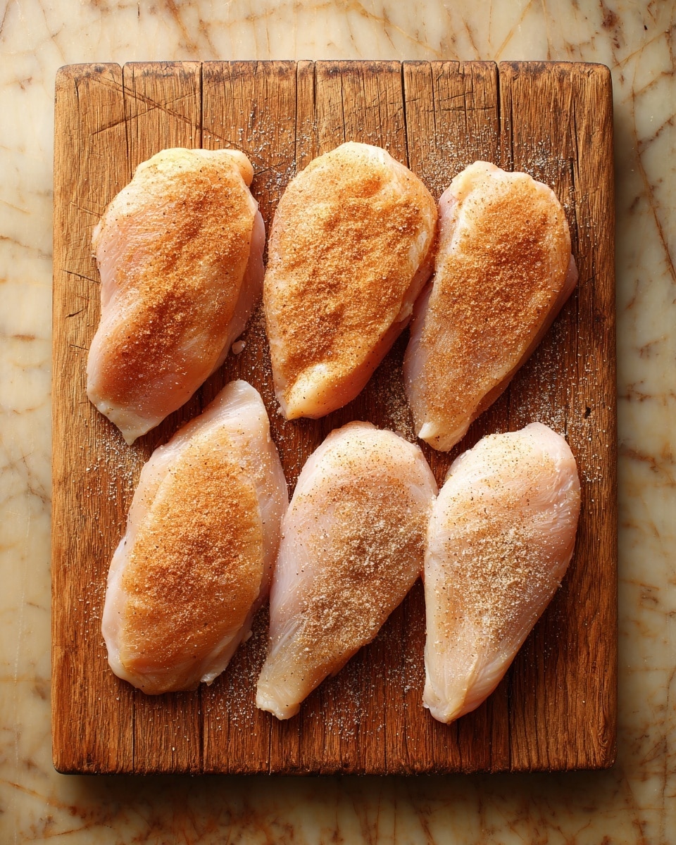 Four raw chicken pieces are placed side by side on a wooden cutting board with visible grain and some scratches. Each chicken piece has a light dusting of pale brown seasoning that covers most of the surface. The background is a white marbled surface surrounding the cutting board. The image is taken from above, showing the flat tops of the chicken pieces clearly. photo taken with an iphone --ar 4:5 --v 7