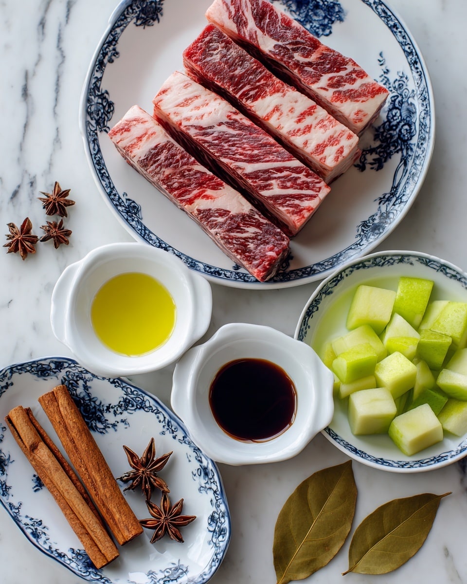 The image shows five thick pieces of raw beef short ribs with red and white marbled texture stacked in a round white plate with blue floral designs, positioned at the top center. Below this, there are three small white bowls: the left one contains a light yellow oil, the middle one holds dark brown soy sauce, and the bottom one has a cinnamon stick, a star anise, and two brown bay leaves on a white plate with blue floral designs. To the lower right, there is a white bowl filled with bright green apple chunks against a white marbled background. Scattered bay leaves lie between the bowls and plates. Photo taken with an iphone --ar 4:5 --v 7