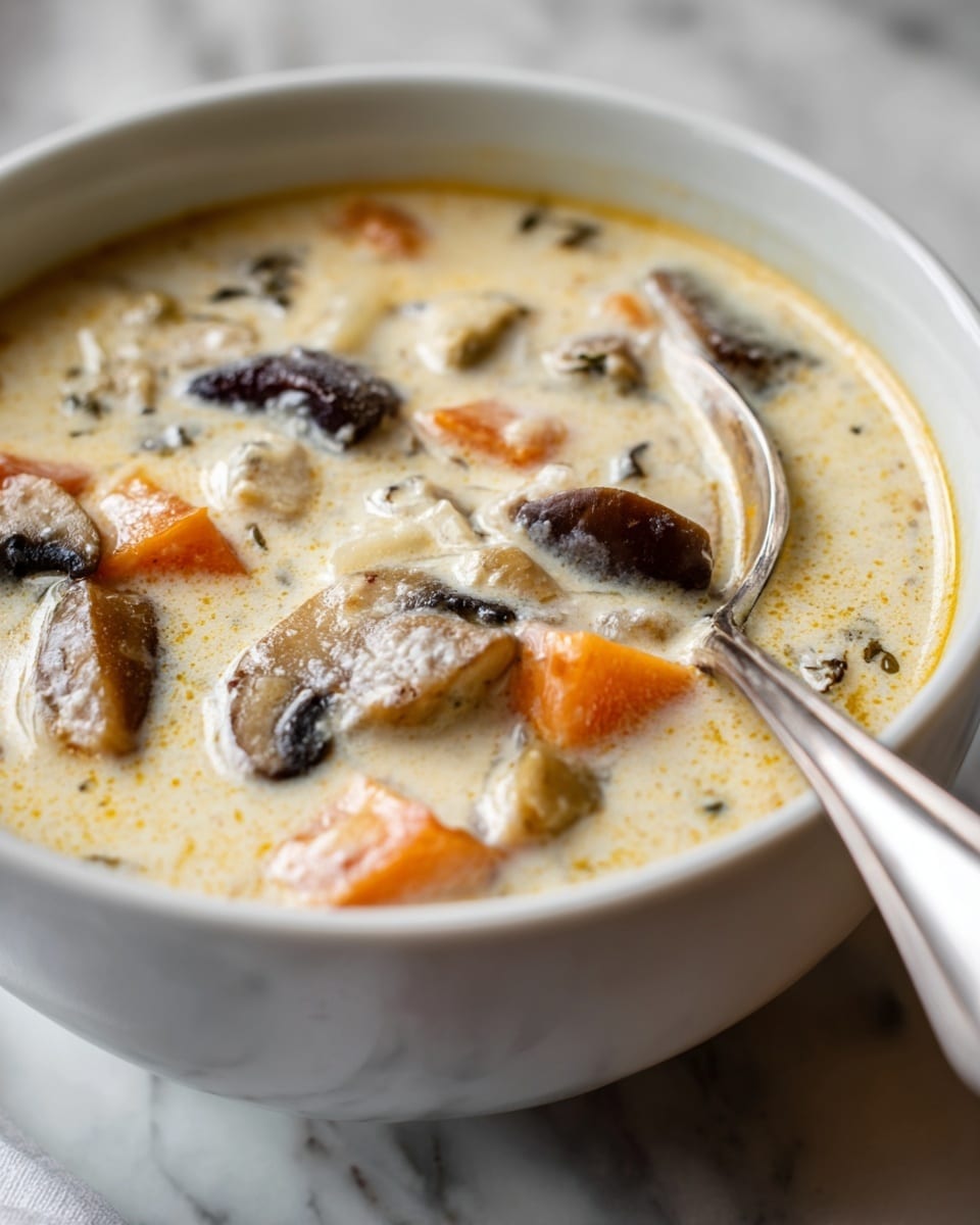 A close-up view of a creamy soup in a white bowl on a white marbled surface, showing layers of light beige creamy liquid mixed with soft chunks of orange and darker brown pieces, likely mushrooms, with a silver spoon partially dipped into the soup from the bottom right corner, the textures looking smooth and slightly thick with small visible pieces of ingredients throughout, photo taken with an iphone --ar 4:5 --v 7