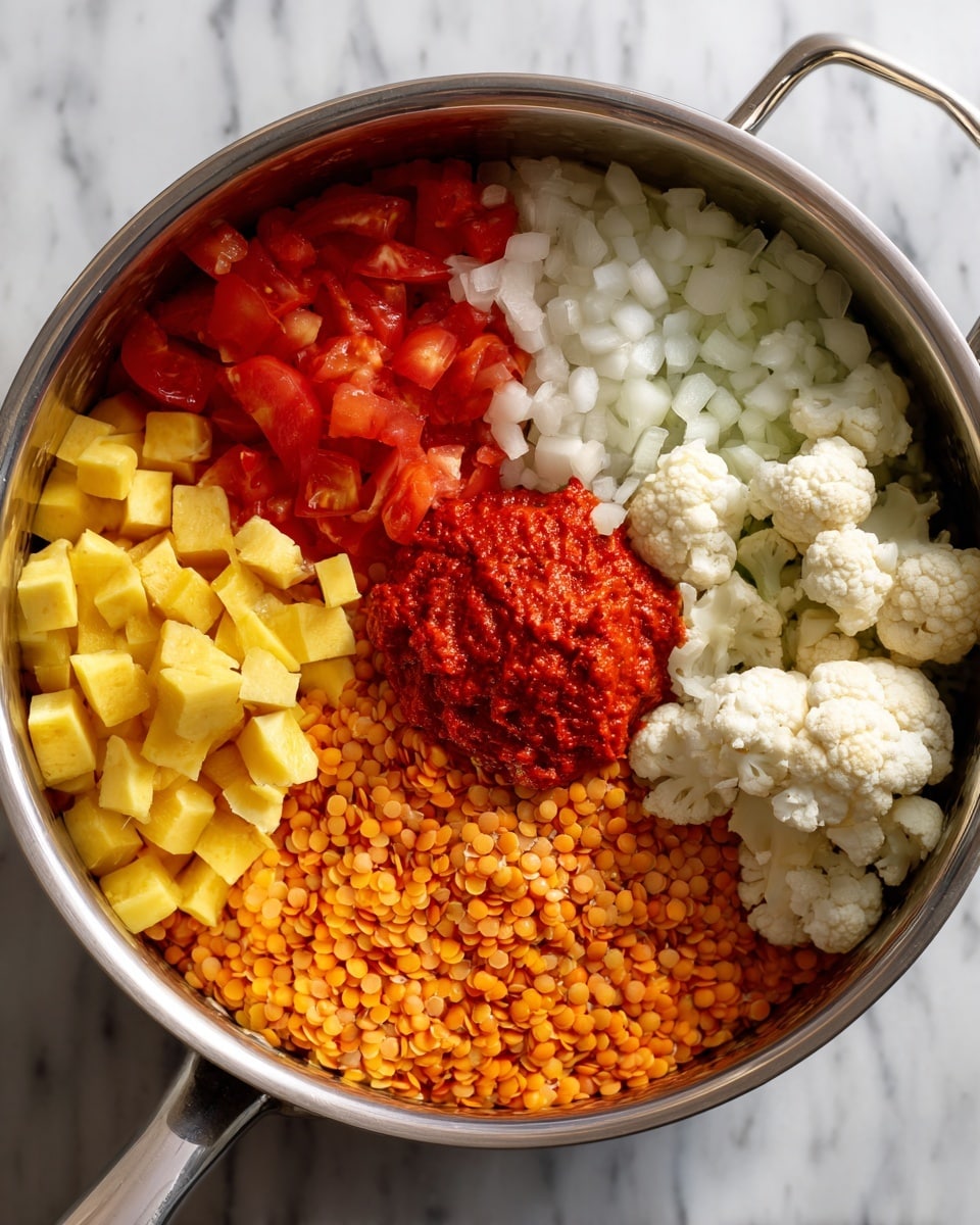 Inside a shiny steel pot on a white marbled surface are six visible layers of ingredients. At the bottom left are bright yellow cubes that look soft, next to them are small white chopped pieces of onion. Above the onion, small red chunks of tomato fill a large section. To the right of the tomato, vibrant orange lentils are grouped in a pile. Near the lentils, there are small white cauliflower florets stacked in a cluster. Just left of the cauliflower, a thick dollop of red paste sits over finely chopped white garlic pieces. All ingredients show clear color contrast and texture differences inside the pot photo taken with an iphone --ar 4:5 --v 7