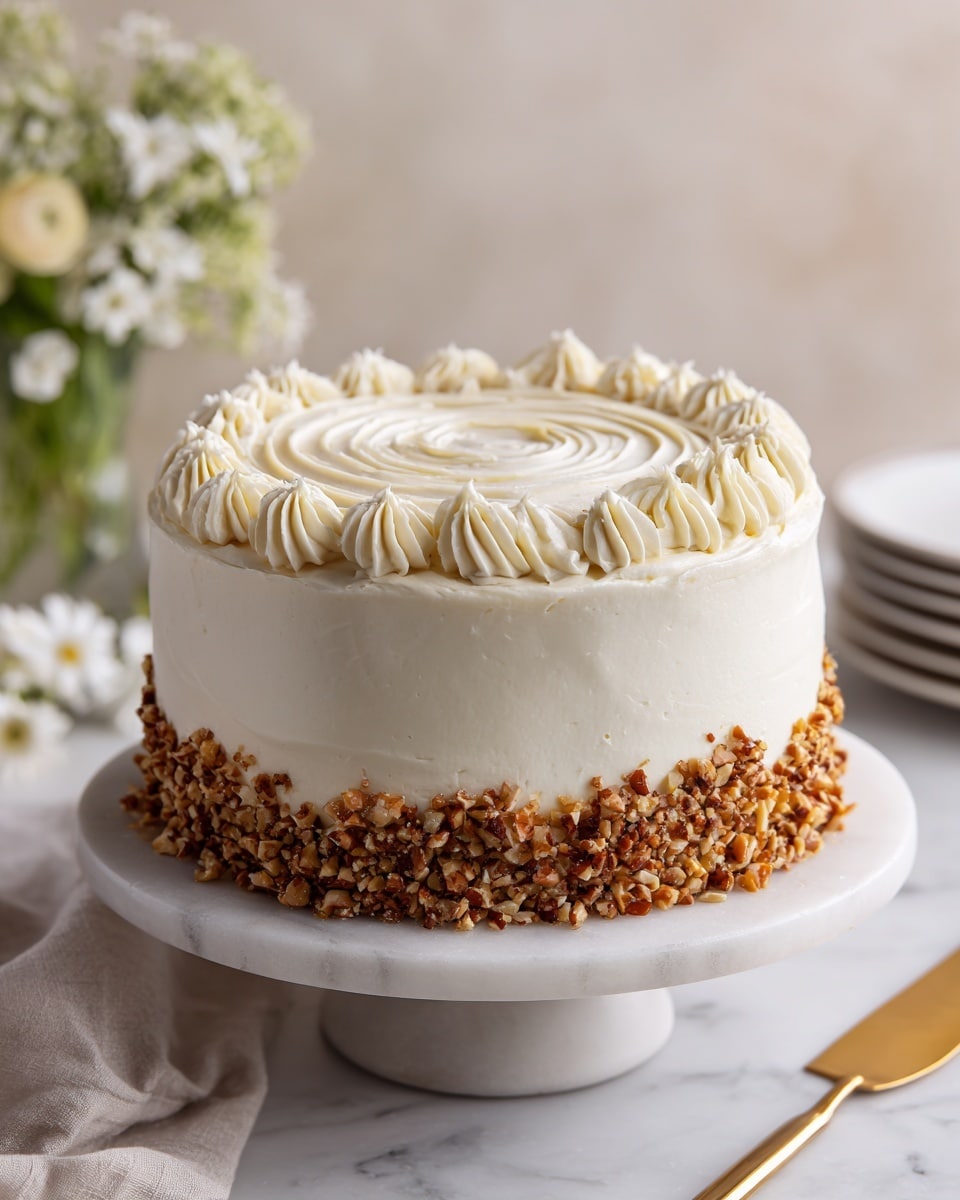 A round, two-layer cake covered in smooth, creamy white frosting with a slightly textured swirl pattern on the top and sides. The bottom edge around the cake is decorated with chopped nuts, giving a rough texture and a mix of brown shades. The cake sits on a white marble cake stand with a short pedestal. In the background, there is a soft-beige wall, some green and white flowers blurred out, white plates stacked on the right side, and a gold cake server laying flat on the white marbled surface in front. photo taken with an iphone --ar 4:5 --v 7
