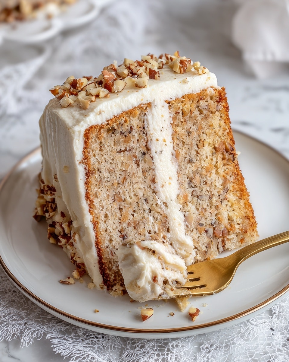 A slice of two-layer nut cake on a white plate with a thin gold rim, showing a soft, crumbly light brown interior speckled with darker bits and lighter chunks, separated by a thick layer of creamy white frosting; more frosting covers the top and side edges of the slice with small pieces of chopped nuts decorating the bottom edge; a gold fork holds a small bite of cake near the right side; the plate rests on a white marbled surface with a lacy white cloth underneath nearby photo taken with an iphone --ar 4:5 --v 7