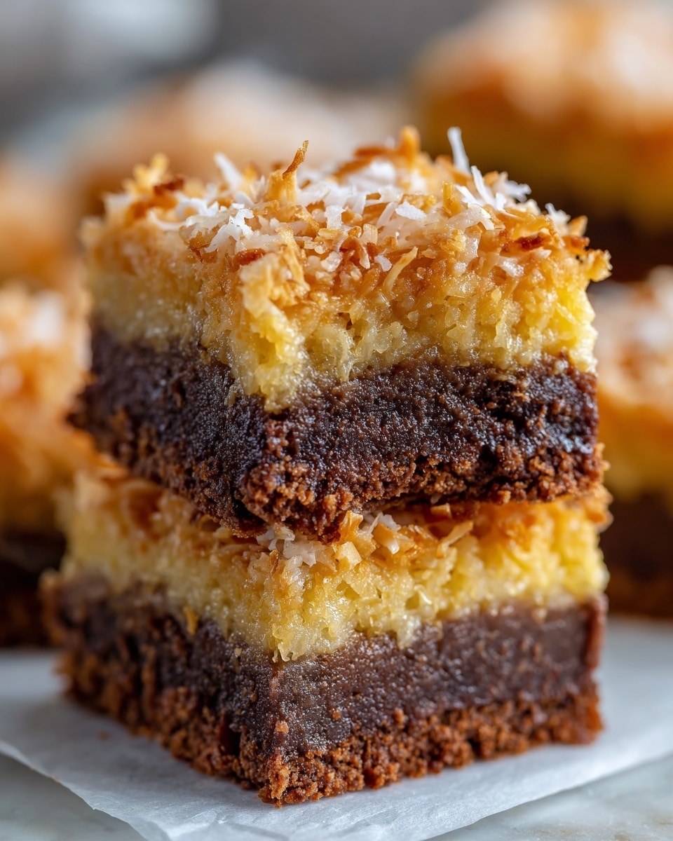 A close-up view of two square layered dessert pieces stacked on a white marbled surface with a paper underneath. Each piece has two layers: the bottom layer is a thick, dark brown, moist and crumbly chocolate base, while the top layer is a golden brown, textured coconut topping with shredded coconut strands visible, giving it a rough and crunchy look. The top piece has a bite taken out, revealing the soft and moist texture of both layers inside. The background is blurred, showcasing more of the dessert pieces with similar colors. photo taken with an iphone --ar 4:5 --v 7