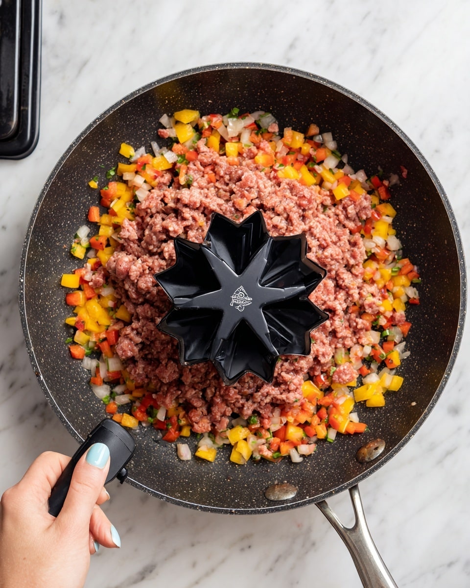 A cooking pan with finely chopped orange and yellow bell peppers and onions spread evenly around the edge in a circular shape, with raw and partially cooked ground beef placed in the center. A black kitchen tool with a star-shaped base is pressing down on the beef, held by a woman's hand with light blue nail polish. The pan is on a stove, and the background surface is white marble. The photo taken with an iphone --ar 4:5 --v 7