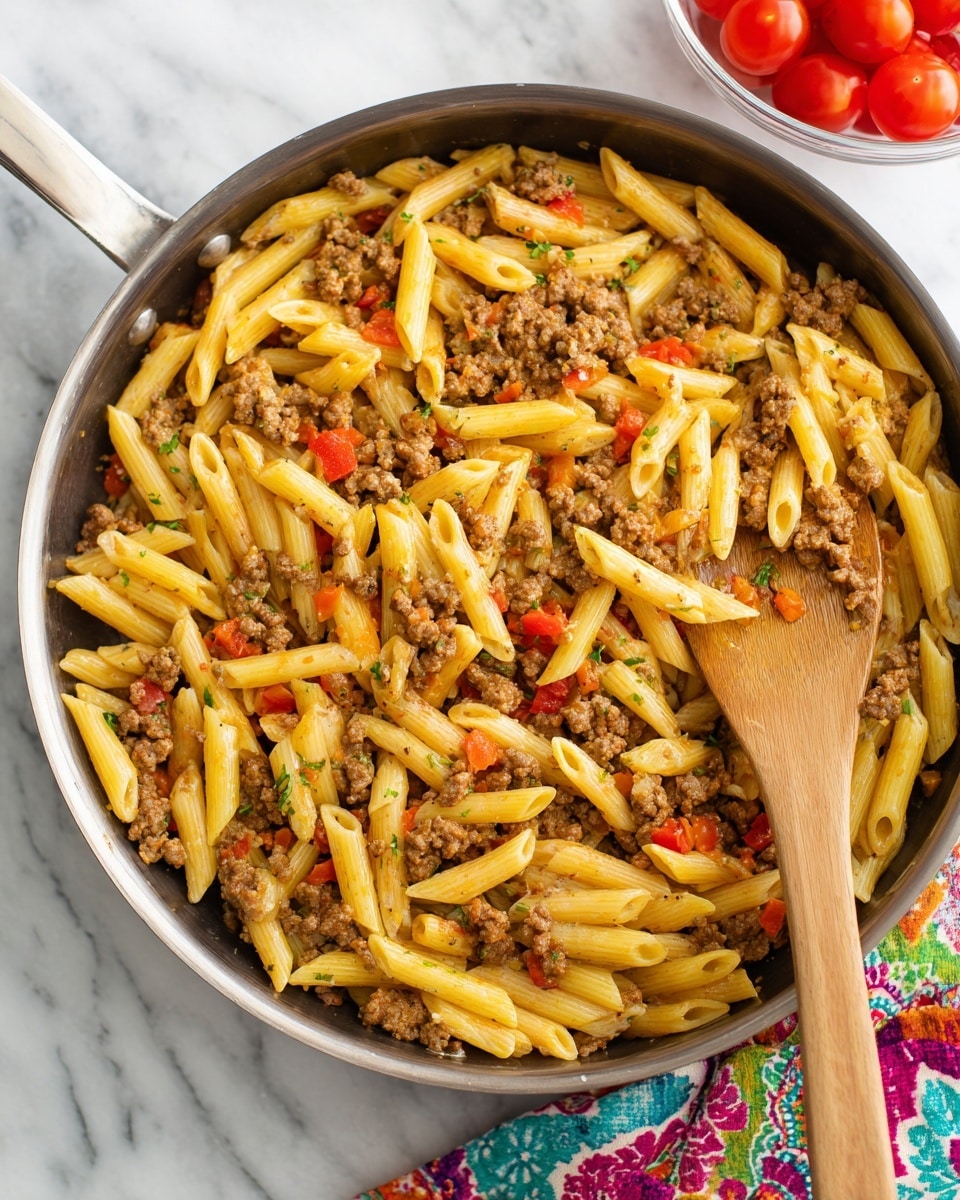 This image shows a close-up of a large pan filled with a pasta dish made of penne pasta mixed with browned ground meat and small pieces of red and orange vegetables, likely bell peppers or tomatoes. The penne pasta is light yellow and layered evenly throughout the dish, surrounded and mixed with crumbly textured browned meat. The little bits of red and orange are scattered throughout, adding splashes of bright color among the pasta and meat. A wooden spoon is placed inside the pan, resting on top of the pasta near the upper right corner. The pan sits on a white marbled surface, with part of a colorful cloth visible in the background and a container of red cherry tomatoes in the corner. Photo taken with an iphone --ar 4:5 --v 7