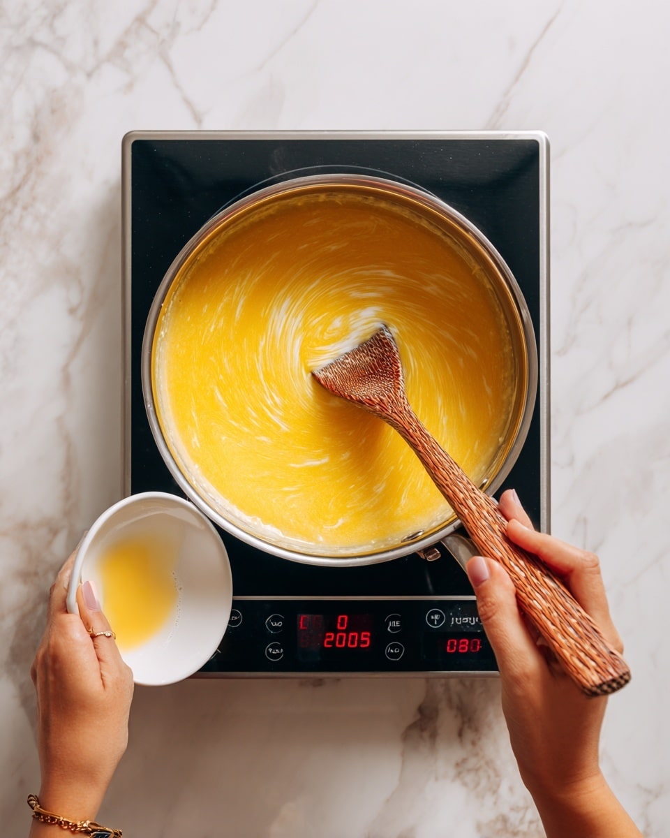 A close-up view shows a woman's hand holding a white bowl filled with beaten eggs, about to pour it into a shiny silver pot simmering on a black induction stove with red digital controls; inside the pot, a thick yellow mixture swirls around a wooden spoon with a woven handle, all set on a white marbled surface. photo taken with an iphone --ar 4:5 --v 7