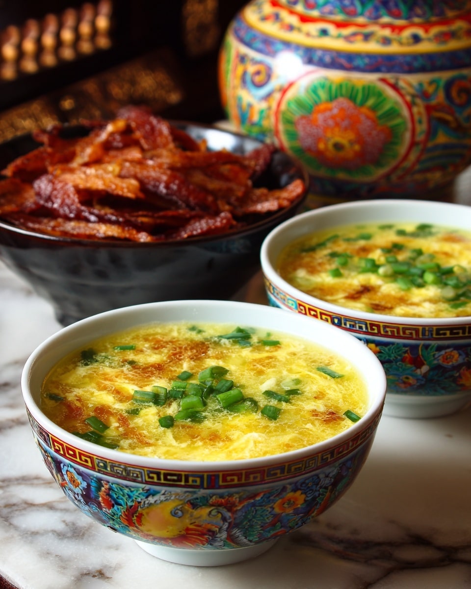The image shows two white bowls with colorful patterns filled with yellow egg drop soup, topped with small pieces of green onion scattered on the surface. Behind the bowls, there is a dark bowl piled high with crispy fried strips that have a reddish-brown color and rough texture. The items are placed on a white marbled surface with a large patterned vessel partially visible in the background. photo taken with an iphone --ar 4:5 --v 7