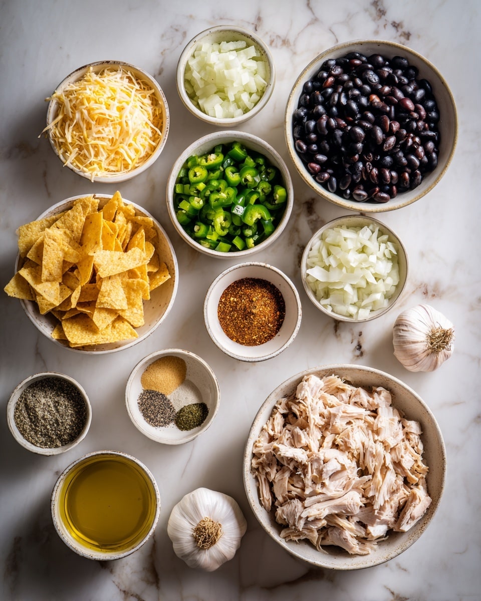 The image shows an arrangement of many bowls and small dishes on a white marbled surface, each holding separate ingredients. The biggest bowl on the lower right side has shredded light brown and white cooked chicken. Around it are bowls of chopped white onions, shredded light yellow cheese, chopped dark green peppers, green chili pieces, black beans, and some yellow tortilla chips. Smaller dishes contain minced garlic, black pepper and salt mix, powder spices, and a golden liquid that looks like oil or broth. A whole bulb of garlic is placed beside the bowls. The setup is very neat and colorful, showing all ingredients separately in white or light cream ceramic bowls and dishes. Photo taken with an iphone --ar 4:5 --v 7