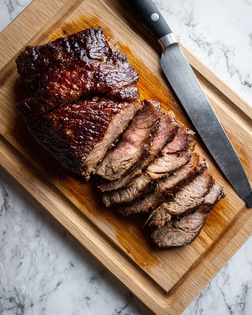 A cooked piece of meat with a dark brown, slightly shiny and textured outside sits on a clear cutting board. The meat is sliced into thin, even layers starting from the right side, showing a pinkish inside with a juicy texture, while the left side remains whole. A large knife with a black handle lies next to the meat on the right side of the cutting board. The cutting board rests on a white marbled surface. photo taken with an iphone --ar 4:5 --v 7