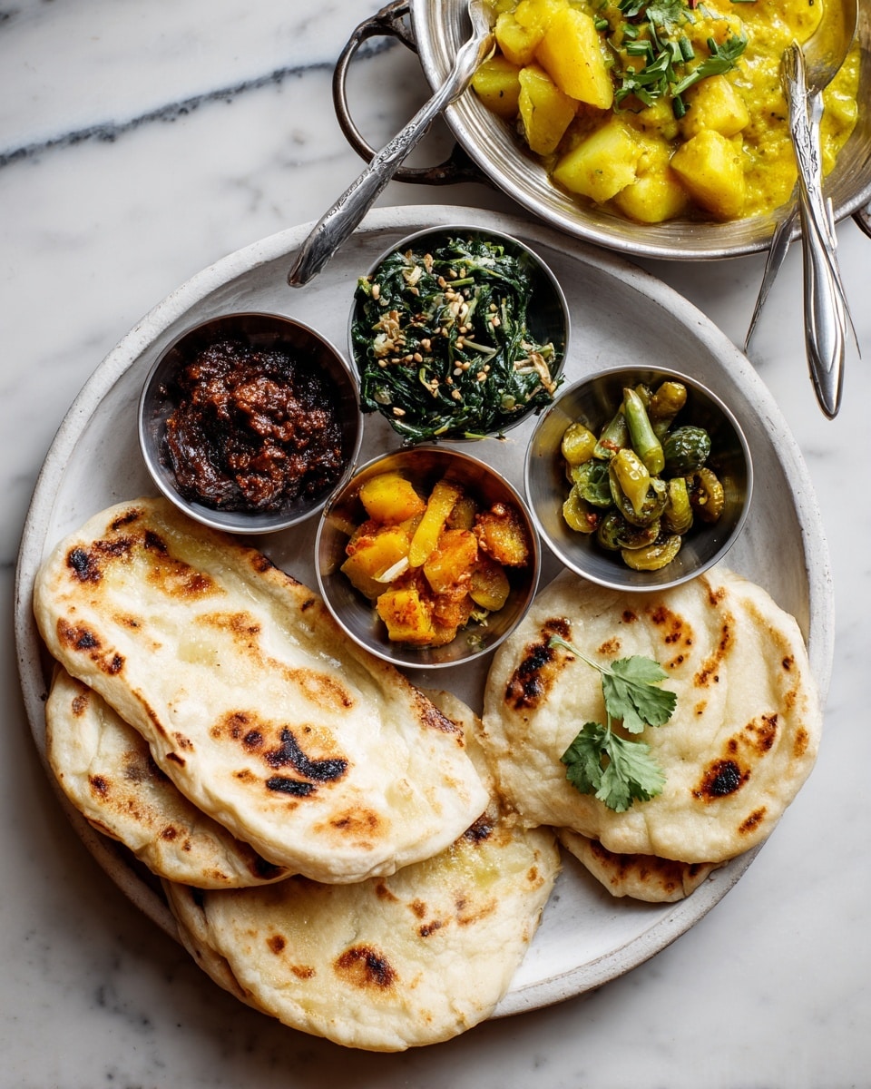A white round metal plate holds a layered meal on a white marbled surface. On the left side of the plate, there are four folded flatbreads stacked with a light golden-brown toasted texture and soft, slightly puffy layers. Surrounding the flatbreads, there are four small silver bowls each with a different dish: at the top left is a dark brown chunky chutney with a glossy texture; next to it on the right are green whole small chili peppers with a shiny surface; below them, a yellowish-orange chunky pickle with bits of seeds is placed; on the bottom right is a green thick spinach and black chickpea mixture with a rough texture. To the right side of the plate, a larger silver bowl contains a bright yellow curry with smooth potato pieces, garnished with fresh green coriander leaves. In the background, on a white marbled surface, there is a woman's hand holding a silver plate full of folded flatbreads. photo taken with an iphone --ar 4:5 --v 7
