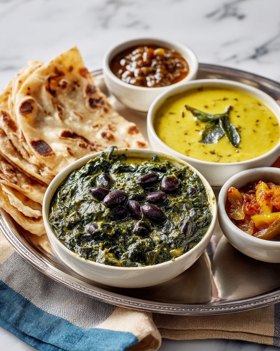 A round metal tray holds five small white bowls with different Indian dishes arranged around folded flatbreads stacked on the left side. One bowl contains thick yellow curry with potatoes and a green cilantro leaf on top. Another bowl holds dark green spinach with black beans mixed in, showing a thick texture. A smaller bowl has a chunky orange-yellow pickle, while another one includes whole green chilies. The last bowl features a dark brown chutney with a glossy and chunky texture. The tray is set on a white marbled surface with a folded piece of cloth underneath, and more folded flatbreads are on a white plate at the top. Photo taken with an iphone --ar 4:5 --v 7