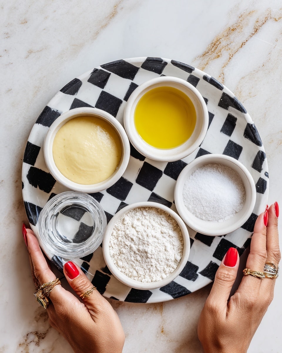 A checkered black and white round plate sits on a white marbled surface, holding five small white bowls arranged in a circle. The top left bowl contains a smooth, pale yellow creamy sauce, next to it on the right is a small bowl with golden yellow oil. To the right of the oil is a bowl filled with white salt, and below that is a glass container filled with clear water. At the bottom center is a larger bowl with white flour. A woman's hands with red nail polish and rings rest on the edges of the plate. Photo taken with an iphone --ar 4:5 --v 7