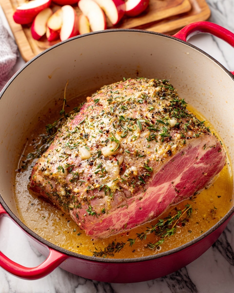 A large piece of raw seasoned meat, pink with white fat streaks and sprinkled with herbs and spices, lies in the middle of a white cast iron pot filled partially with light brown bubbling oil or broth. The pot has bright red handles visible on the sides. In the background, there is a wooden cutting board with red and white sliced apples placed on it, all sitting on a white marbled surface. Photo taken with an iphone --ar 4:5 --v 7
