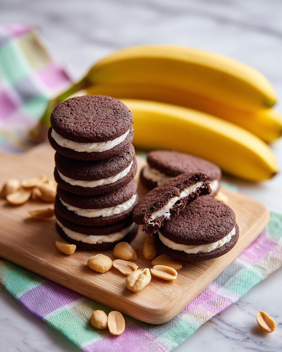 The image shows a bunch of six dark brown sandwich cookies with white cream inside, some whole and some broken, placed on a light wooden board with visible grain where a few shelled peanuts lie scattered in front of the cookies. Two bright yellow bananas rest behind the cookies, lying on a pastel-colored checkered cloth with green, purple, and pink hues. The whole scene is set on a white marbled surface. photo taken with an iphone --ar 4:5 --v 7