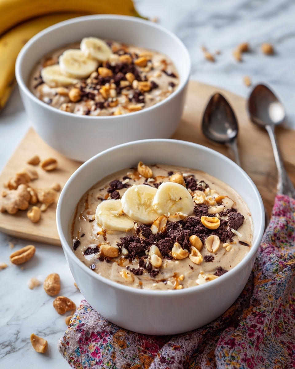 The image shows two white bowls filled with a creamy, light brown dessert mixed with dark cookie pieces. Each bowl has three banana slices and small peanuts scattered on top. The bowls are placed on a light wooden table with a colorful cloth and some cookies and peanuts around. The background has blurred bananas and a white marbled surface. Photo taken with an iphone --ar 4:5 --v 7