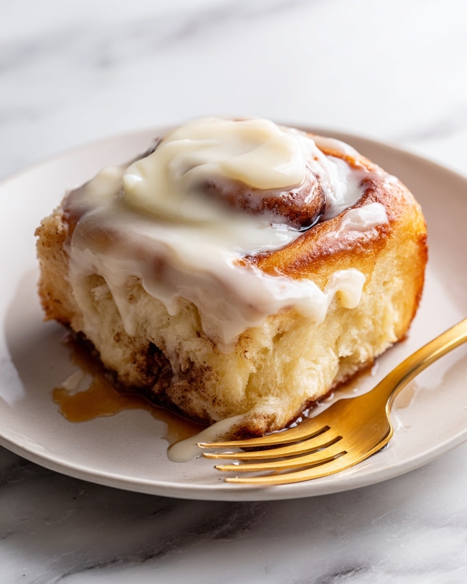 A thick square of cinnamon roll with a light golden-brown crust and soft, fluffy inside sits on a white plate with dark syrup pooled around it. The roll has visible swirls of cinnamon filling inside the dough. On top, a thick layer of creamy white icing covers the surface, dripping down the sides. A dollop of extra creamy icing is placed in the center of the roll. A gold fork rests next to the roll on the plate. The plate is set on a white marbled surface. Photo taken with an iphone --ar 4:5 --v 7