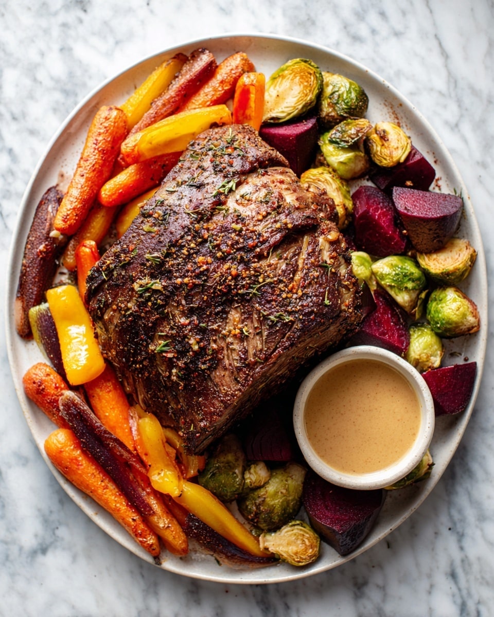 The image shows a white plate on a white marbled surface filled with a large, roasted piece of meat in the center, dark brown with a crispy, seasoned crust and visible herbs and spices. Around the meat, there are several roasted vegetables including orange carrots, yellow and red bell peppers, deep purple beets, and greenish-brown Brussels sprouts, all with slightly charred edges. The food looks juicy and cooked well with a mix of bright and dark colors. A small bowl with tan-colored sauce is placed near the plate. Photo taken with an iphone --ar 4:5 --v 7