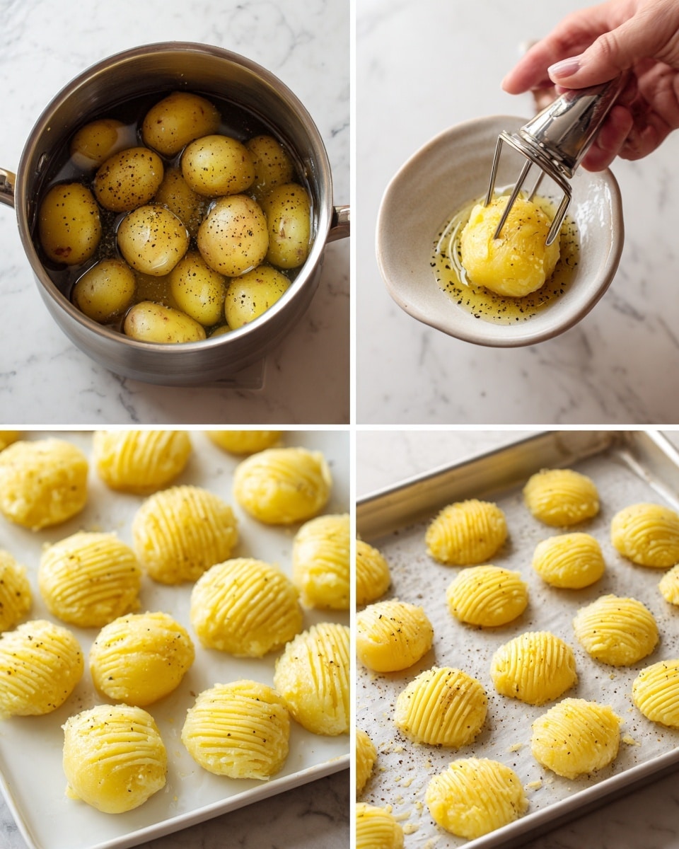 The image shows a step-by-step making of mashed potato patties. In the top left, there is a silver pot filled with several whole yellow potatoes boiling in water. The bottom left shows small, round yellow mashed potato patties on a white tray; a silver spoon held by a woman's hand drizzles oil over one patty sprinkled with black pepper. The top right shows a close-up of a silver potato masher pressing down on a yellow mashed potato patty on a white surface, creating a textured pattern. The bottom right shows a white baking tray holding many mashed potato patties spaced out, each with ridged marks on top. The background is a white marbled texture. photo taken with an iphone --ar 4:5 --v 7