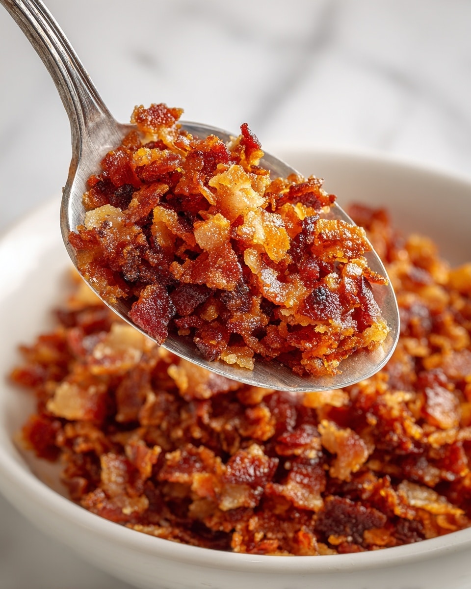 A close-up view of a spoon full of small, crispy, reddish-brown bacon pieces with a textured, crunchy look. The spoon is held over a white bowl filled with more of the same bacon bits. The bacon pieces show a mix of slightly darker crunchy parts and lighter, softer areas, all glistening under light. The background is a white marbled surface, giving a clean and bright feel. photo taken with an iphone --ar 4:5 --v 7