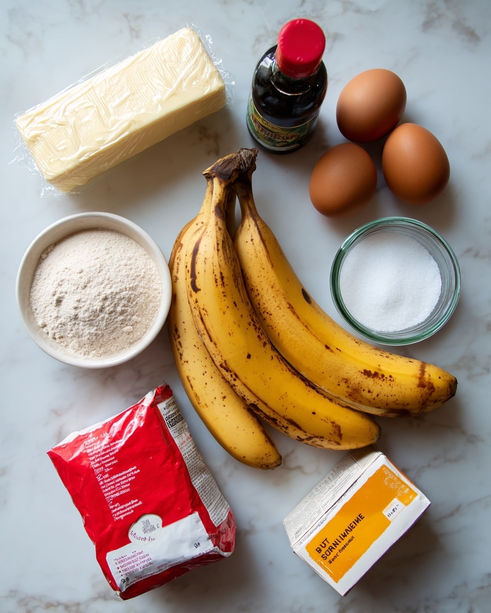 The image shows ingredients for baking arranged neatly on a white marbled surface. At the top left, there is a stick of butter wrapped in white packaging. To its right, a small dark bottle of vanilla extract with a red cap is placed. Next to it on the far right are two brown eggs. Below the butter, there is a glass jar of cinnamon with a green lid. In the center, there is a cluster of three ripe bananas with brown spots. On the right of the bananas is a small white bowl filled with salt. At the bottom left, there is a red and white bag of all-purpose flour. Next to it is an orange box of baking soda. On the far right at the bottom is a yellow and white box of light brown sugar. Each item is labeled with gray tags naming the ingredient. photo taken with an iphone --ar 4:5 --v 7
