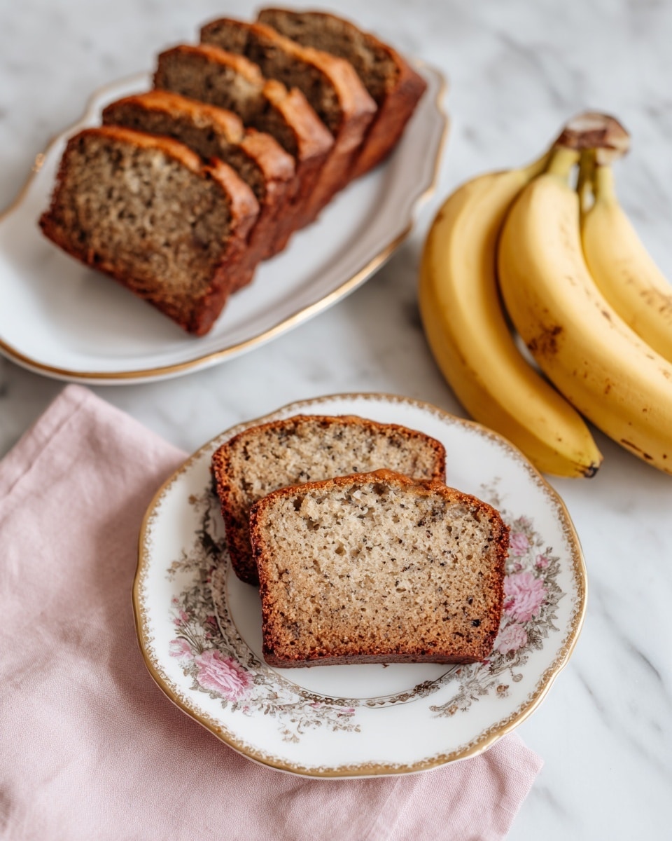A white plate with a gold and floral edge holds two slices of brown banana bread, showing a soft, moist texture with small dark specks inside. Behind it, a white elliptical plate with a gold rim holds six more slices of similar brown banana bread aligned in a row. On the right side of the image, three ripe yellow bananas with brown spots lay on a white marbled surface. A folded pale pink cloth is next to the white plate in the foreground. Photo taken with an iphone --ar 4:5 --v 7