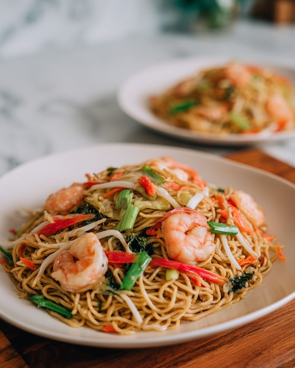 A white plate holds a pile of cooked noodles tossed with orange carrot strips and green chopped green onions. There are several whole shrimp with a pinkish color around the plate edges. A woman's hand holds white chopsticks lifting a portion of noodles from the center, showing long, thin brown noodles mixed with the vegetables. The background is a white marbled surface with a blurred blue and white cloth in the back. photo taken with an iphone --ar 4:5 --v 7