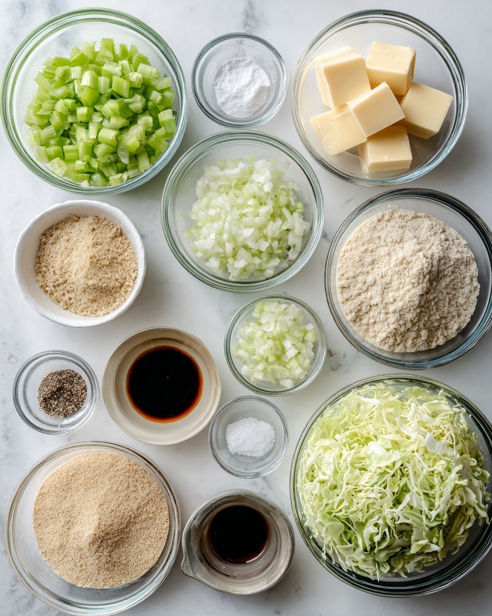 A top view of eleven clear glass bowls of different sizes arranged on a white marbled surface. Each bowl contains a different ingredient: finely chopped light green celery pieces in the middle left bowl, three cubes of pale yellow butter in a small bowl above the celery, finely chopped white onions in a mid-sized bowl on the bottom right, shredded pale green cabbage in a large bowl on the top right, finely chopped fresh garlic in a small bowl on the top left, a small bowl with dark brown sauce just below the garlic, a small bowl of black pepper next to the sauce, a bowl of coarse salt next to the pepper, fine beige breadcrumbs in a medium bowl on the far left, light beige flour in a small bowl below the breadcrumbs, and a liquid ingredient with a light beige creamy color in a measuring cup on the bottom left. All bowls sit neatly spaced on the smooth white marbled surface photo taken with an iphone --ar 4:5 --v 7