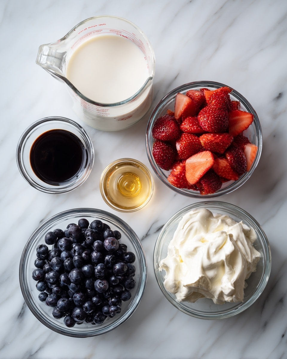 There are six clear glass bowls and a glass measuring cup placed on a white marbled surface. The measuring cup, filled with white milk, is at the top left. Below it, a small bowl contains dark brown vanilla extract. Next to that, a small bowl contains pale golden honey. In the middle, a glass bowl is filled with dark blue blueberries. To the right, a bowl holds white yogurt, and below it, another bowl is filled with sliced red strawberries. Each item is clearly labeled with black text above or near each bowl. photo taken with an iphone --ar 4:5 --v 7