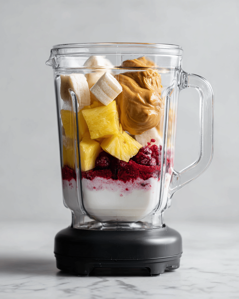The clear blender container on a black Vitamix base shows a layered mix for a smoothie. At the bottom, there is a layer of white yogurt with red berries inside. Above that, bright yellow pineapple chunks sit in the middle. Near the top, there are clear ice cubes and a blob of brown nut butter on one side. The blender sits on a white marbled surface with a simple white background. photo taken with an iphone --ar 4:5 --v 7