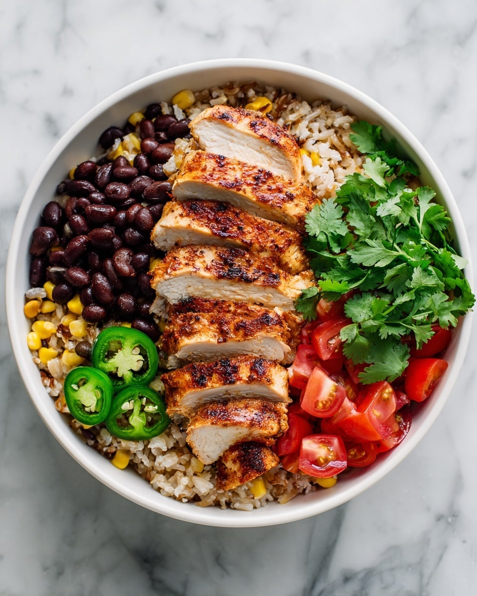 A black bowl filled with a base layer of seasoned rice mixed with black beans and corn, creating a mix of orange, black, and yellow colors. On top, there is a layer of sliced grilled chicken with a golden brown crispy texture in the center. Surrounding the chicken are diced red tomatoes, thin slices of green jalapeño peppers, and fresh green cilantro leaves spread evenly across the bowl. The background shows a white marbled surface. photo taken with an iphone --ar 4:5 --v 7