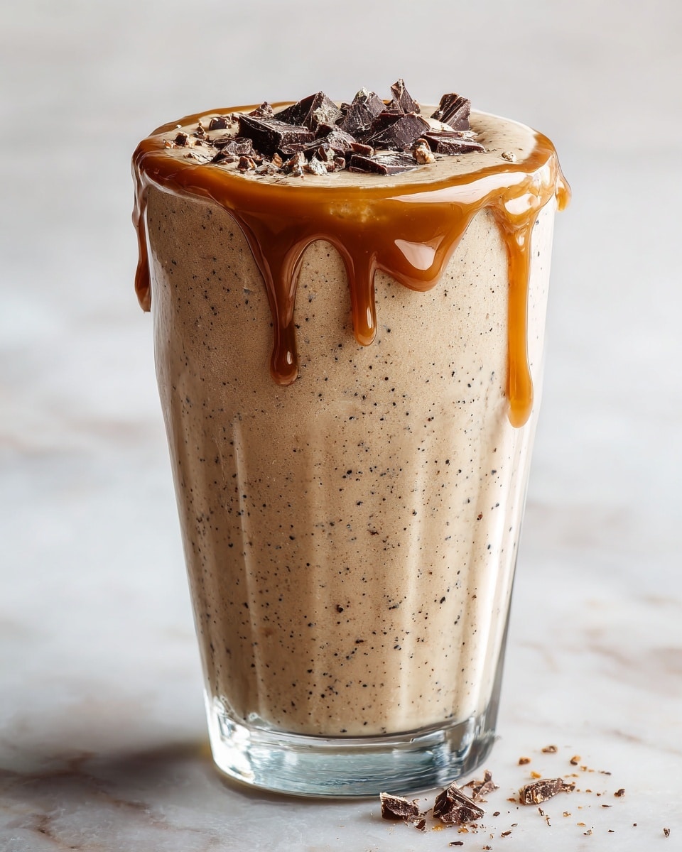 A close-up of a tall clear glass filled with a thick, light brown smoothie that has tiny darker specks throughout. The top layer is smooth with a drizzle of glossy caramel-colored sauce dripping down the sides. Dark chocolate pieces are scattered on the top surface, adding a textured contrast to the creamy base. The glass is placed on a white marbled surface with a clean, bright background. photo taken with an iphone --ar 4:5 --v 7