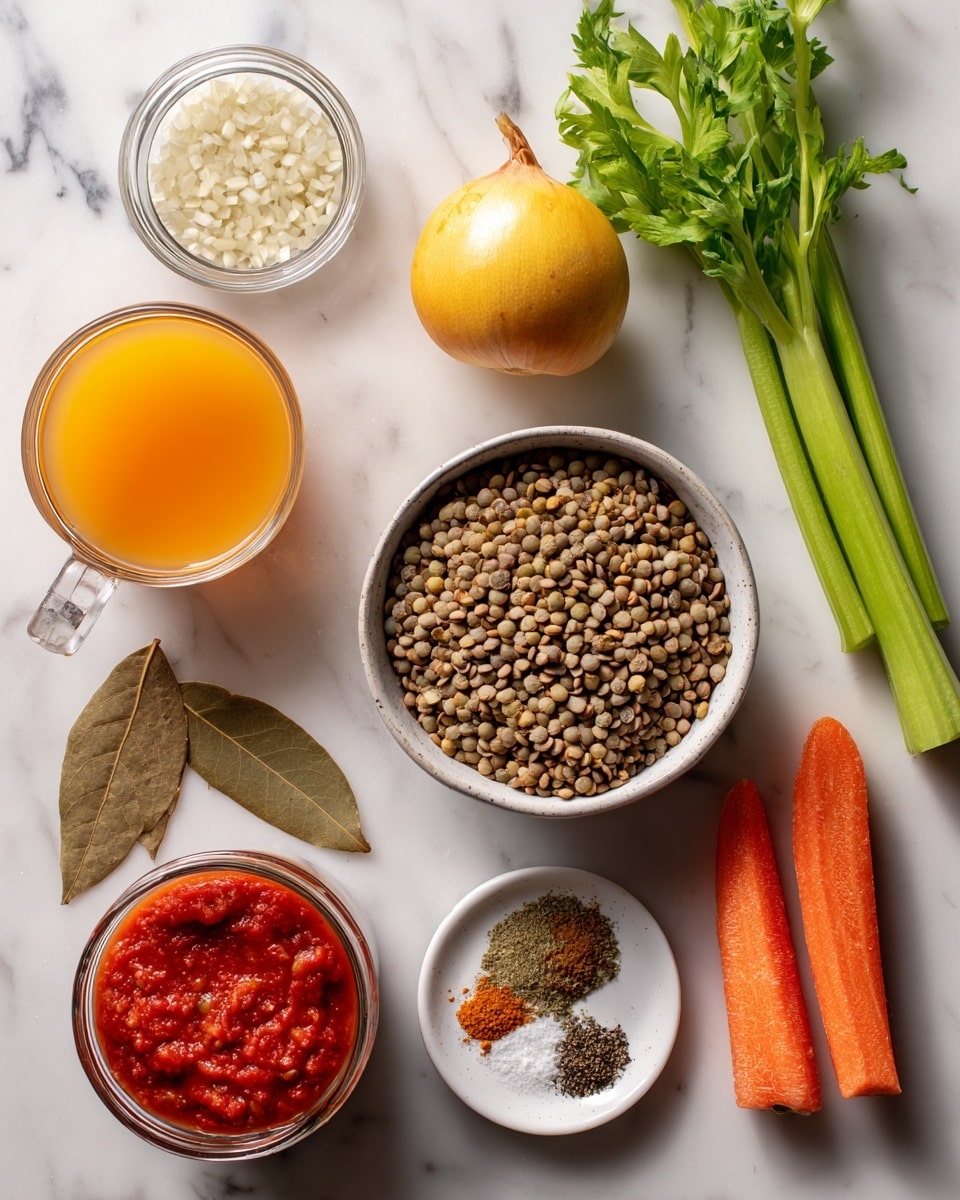 The image shows various cooking ingredients arranged neatly on a white marbled surface. In the center, there is a white bowl filled with lentils, light brown in color. Around the bowl are several ingredients: two bright green celery sticks on the right, an orange carrot, a yellow lemon, a light brown onion, and a small white dish with mixed spices labeled coriander, cumin, paprika, salt, and pepper. There is a glass cup filled with orange liquid labeled vegetable or chicken broth near the bottom left, next to two brown bay leaves. A small glass bowl with finely chopped white garlic is at the top left, and a white jar with bright red crushed tomato sauce sits below the lentils. All ingredients lie flat on the surface, with clear spacing, their natural colors showing clearly. photo taken with an iphone --ar 4:5 --v 7