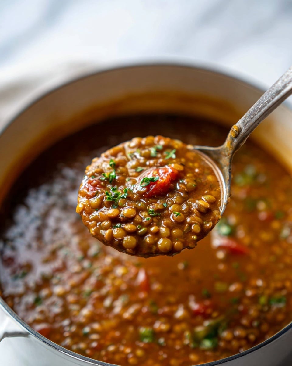 A close-up view of a thick brown lentil soup in a white pot with small pieces of lentils and tiny bits of green herbs and tomatoes floating in the soup. A large metal ladle is lifting a scoop of the chunky soup showing its smooth yet textured mix. The pot sits on a white marbled surface with soft warm light highlighting the rich colors and textures of the soup. photo taken with an iphone --ar 4:5 --v 7