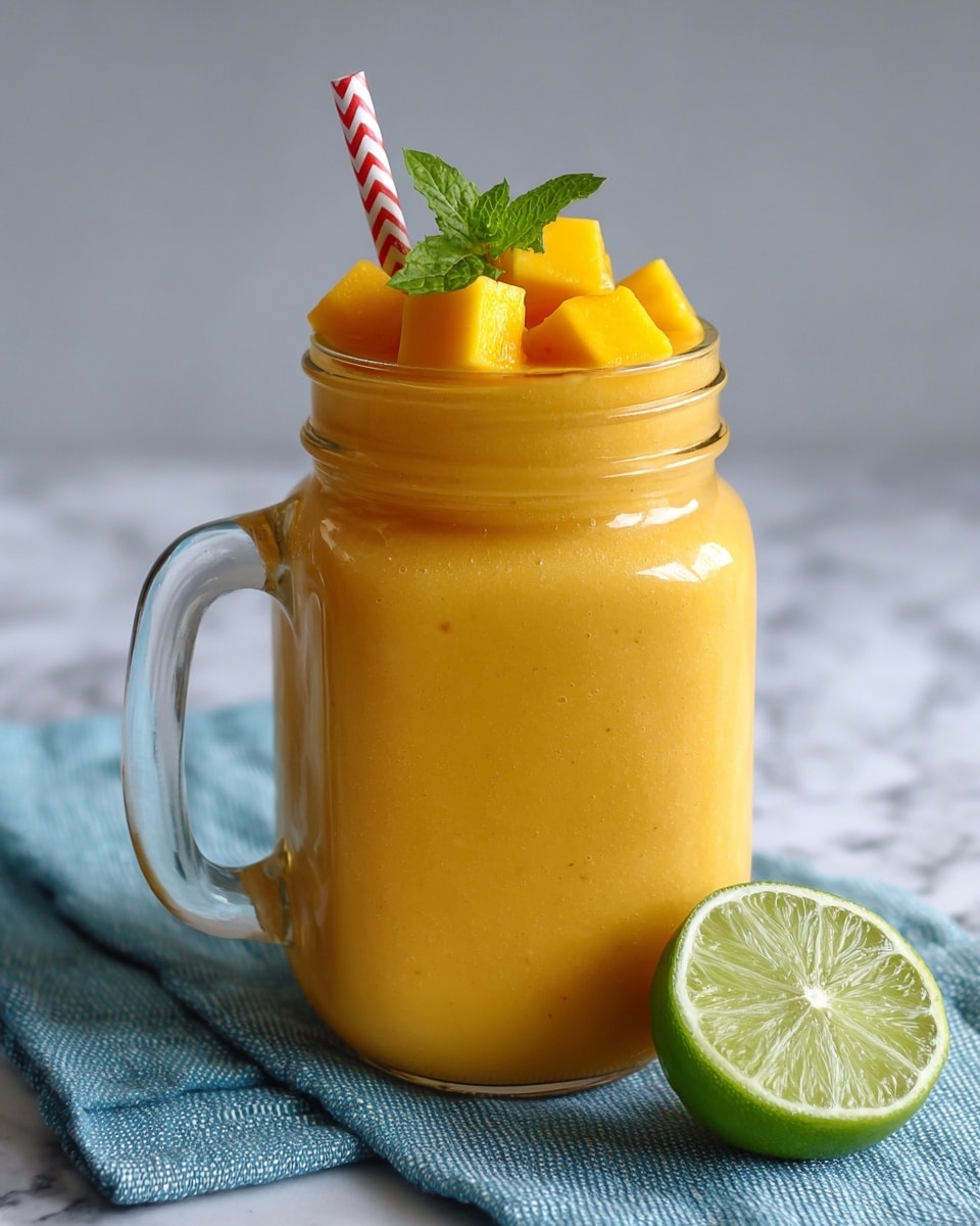 A tall clear glass jar filled with a thick, bright yellow-orange smoothie, topped with a small green mint leaf and a round yellow piece of fruit or ice. A beige straw decorated with gold stars stands upright in the drink. The jar has a handle, which a woman's hand with dark purple nail polish is holding. The jar is placed on a folded blue-gray cloth on a white marbled surface. A half lime, green with a juicy texture, lies near the jar. The background is plain and light gray. photo taken with an iphone --ar 4:5 --v 7