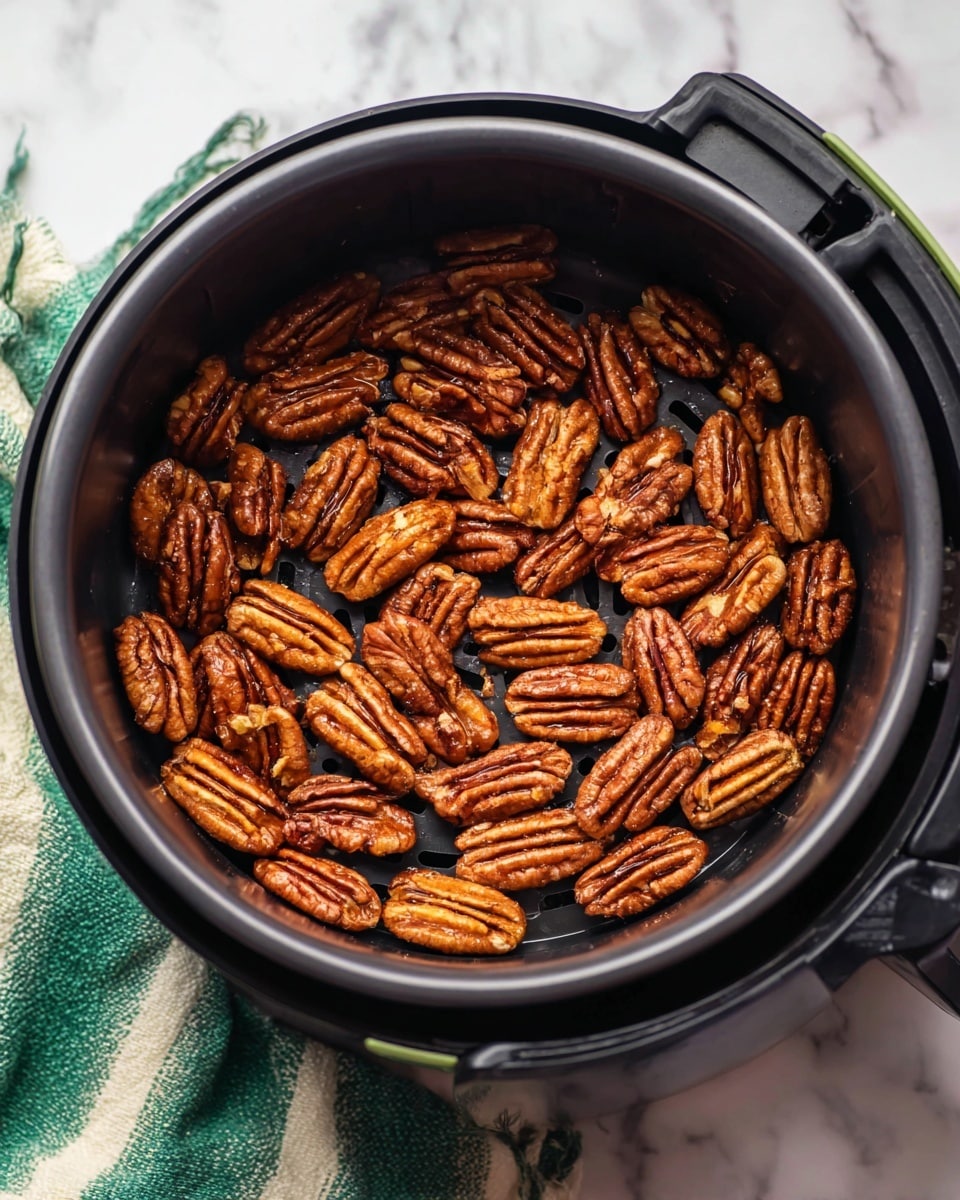 A black round air fryer basket filled with a single layer of light to medium brown pecan halves, evenly spread out at the bottom. The basket sits on a white marbled surface with a green and white striped cloth partially visible underneath. Photo taken with an iphone --ar 4:5 --v 7
