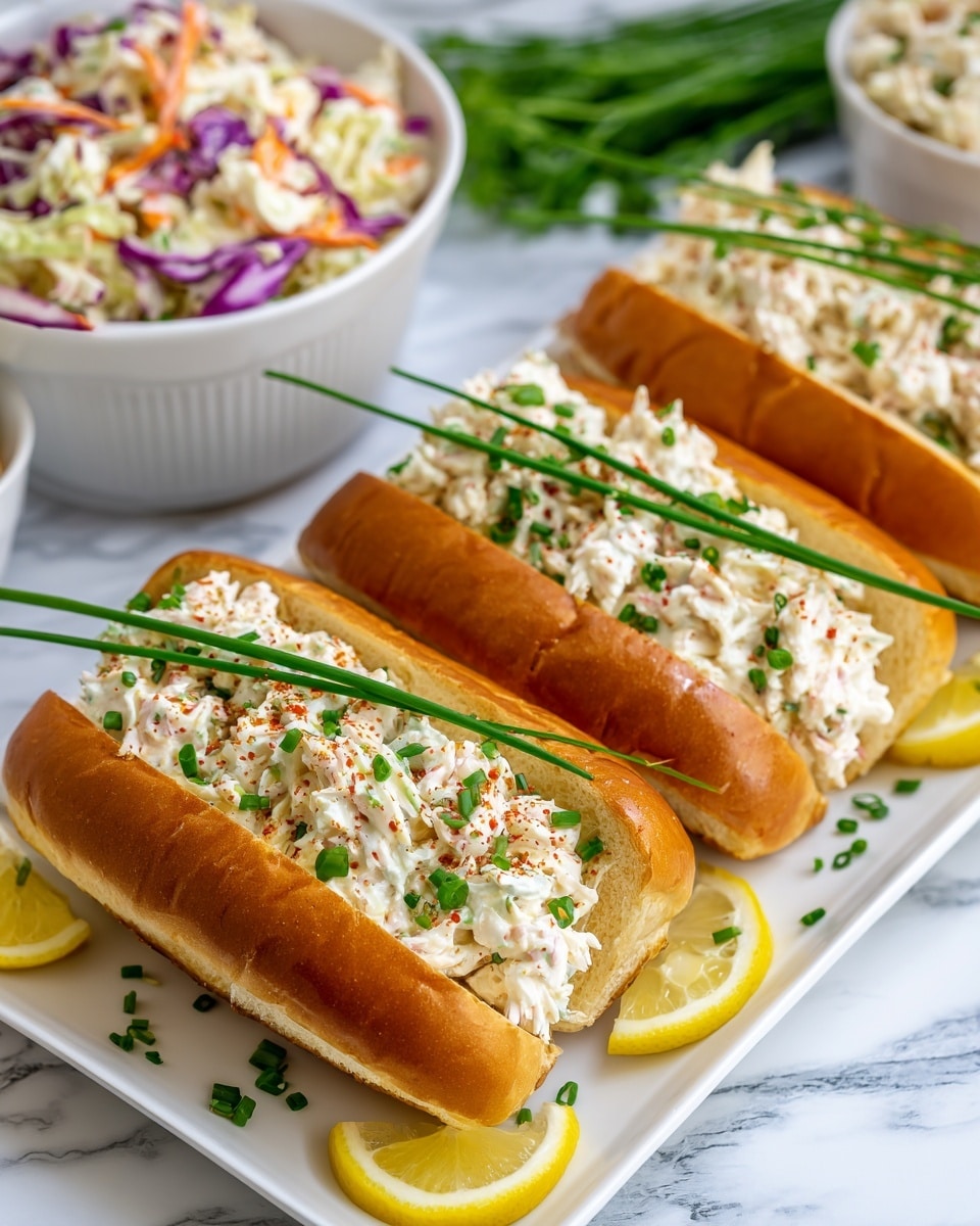 Three crab salad sandwiches sit side by side on a white rectangular plate. Each sandwich has a soft golden brown bun filled with a creamy white crab salad, sprinkled with bright green chopped chives and a light dusting of red seasoning. The sandwiches are garnished with long, thin green chive stalks placed across the top. Around the sandwiches, thin lemon slices rest on the plate with more chopped chives scattered over them. Behind the plate, a white bowl holds mixed coleslaw with orange, green, and purple vegetables on a white marbled surface. The overall scene is bright and fresh. Photo taken with an iphone --ar 4:5 --v 7