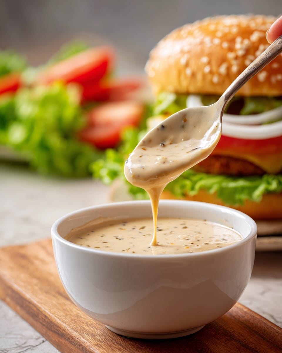 A white bowl filled with creamy, light beige sauce with small bits mixed inside is in focus, resting on a wooden surface. A spoon is held just above the bowl by a woman's hand, dripping the thick sauce. In the blurry background, there is a hamburger with a sesame seed bun, bright green lettuce, a thick slice of white onion, and red tomato slices, all on a white marbled background. Photo taken with an iphone --ar 4:5 --v 7