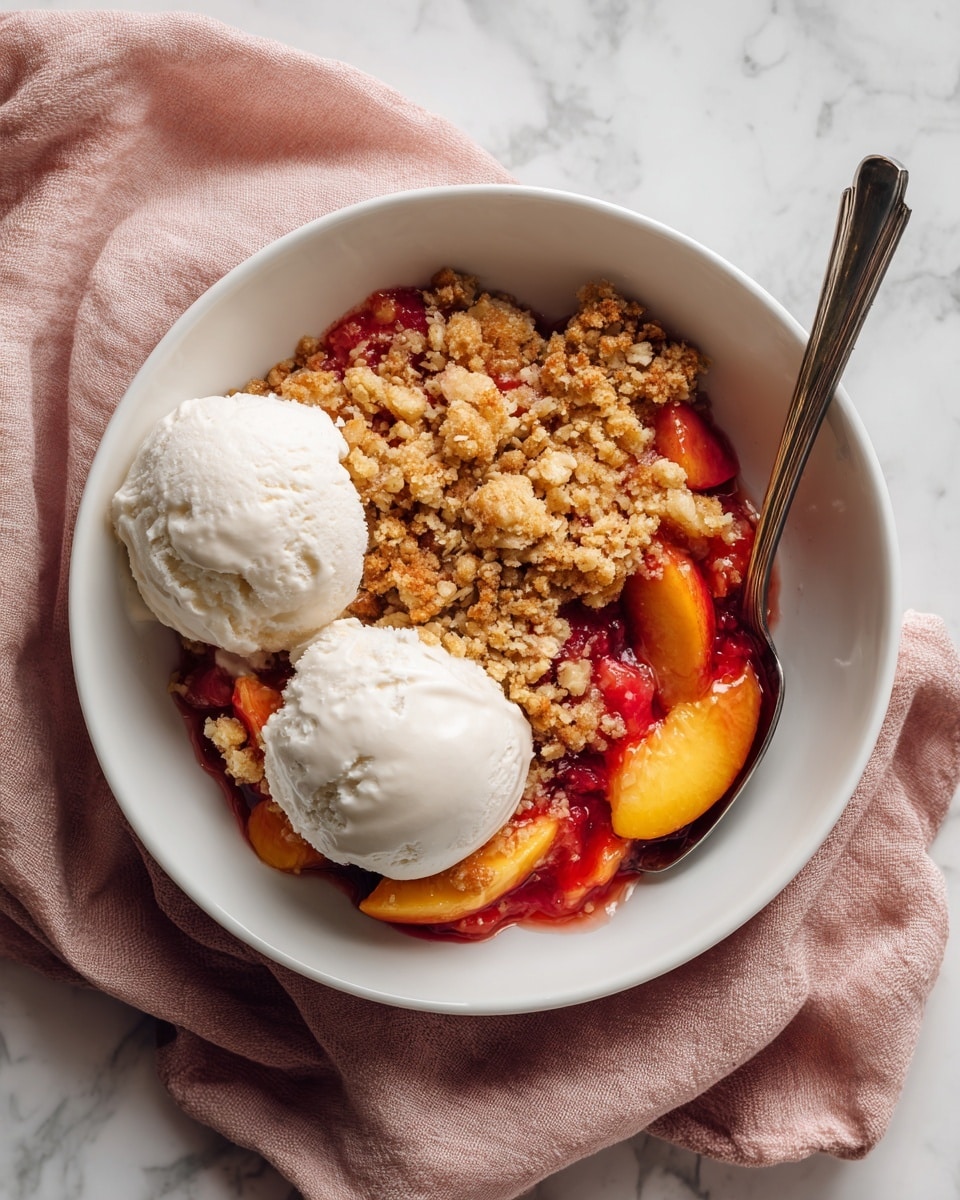 The image shows a close-up of a baked dessert in a white dish resting on a white marbled surface. The dessert has a golden, crumbly top layer with a rough texture and sparkling sugar crystals. Beneath the crumbly top, there are bright red, juicy fruit layers visible in patches, likely berries or cherries. The dessert looks soft and moist underneath the crispy top, with some bubbling fruit juices near the edges. A silver spoon is partially visible in the bottom right corner, with a woman's hand holding it and scooping from the dish. The colors are warm and inviting, showing a mix of golden brown and vibrant red. photo taken with an iphone --ar 4:5 --v 7