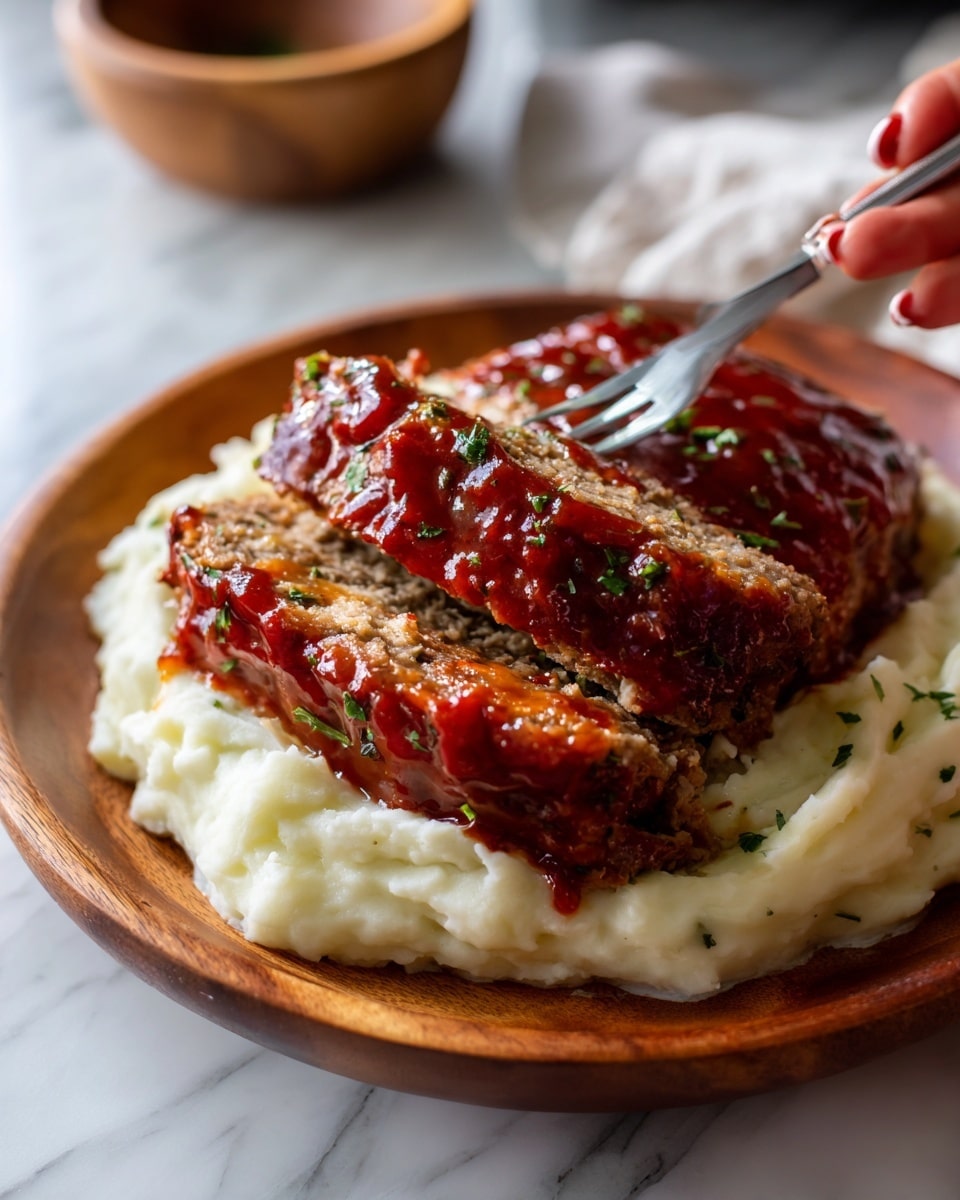 A close-up view of a dish with two thick slices of meatloaf covered in shiny, rich red sauce with green herbs sprinkled on top, sitting on a base layer of creamy white mashed potatoes spread smoothly on a round wooden plate. A woman's hand is holding a fork with a bite of the meatloaf and mashed potatoes, showing the texture of both layers clearly. The setting is on a white marbled surface with a blurred background where a small round wooden bowl is partially visible. photo taken with an iphone --ar 4:5 --v 7