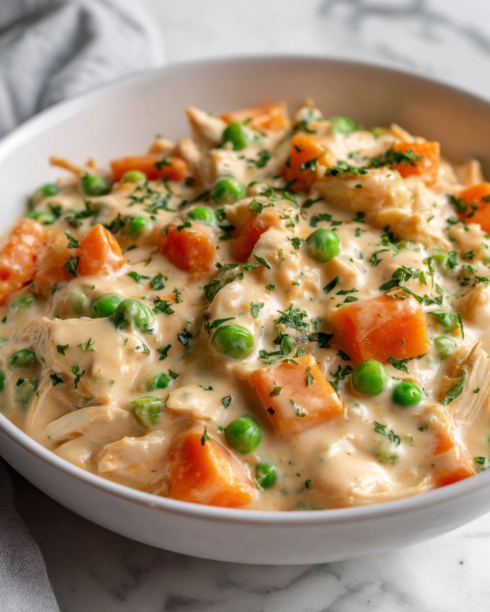 A close-up view of a white bowl filled with thick, creamy chicken and vegetable stew, featuring three main layers: the base is a thick pale beige sauce that looks smooth and rich; scattered throughout are chunks of soft orange carrot pieces, bright green peas, and shredded white chicken; on top, small sprinkles of fresh green herbs add a bright contrast. The bowl sits on a white marbled textured surface. Photo taken with an iphone --ar 4:5 --v 7