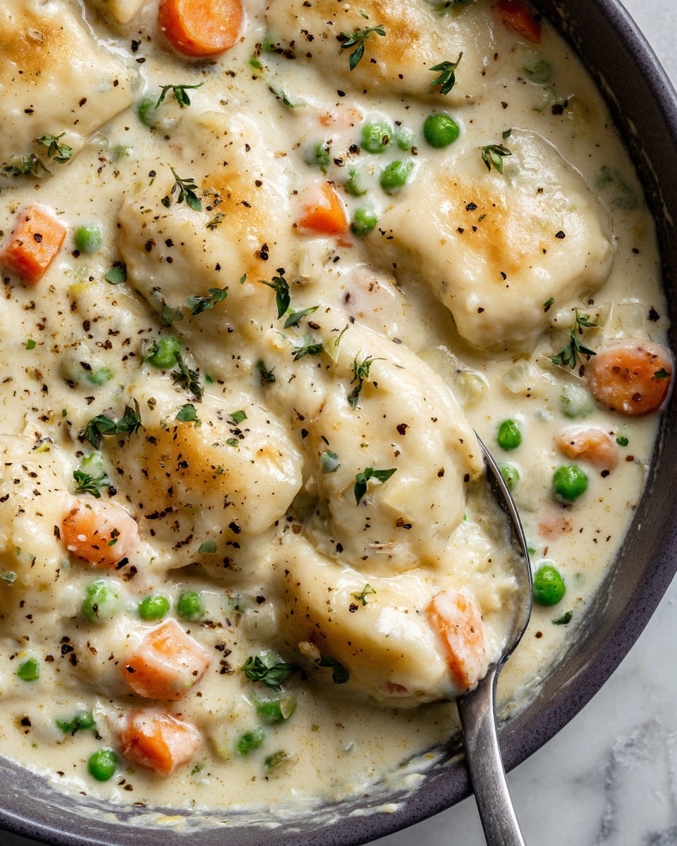 This image shows a thick creamy stew with soft, pale layers of dough or dumplings mixed with small, bright orange carrot pieces and green peas. The stew is lightly speckled with black pepper and small bits of green herbs scattered on top. The texture looks thick and smooth, filling a round dark pot. A large silver spoon is partly submerged into the stew, gently lifting some of the soft dough and vegetables. There is a white marbled background under the pot. Photo taken with an iphone --ar 4:5 --v 7