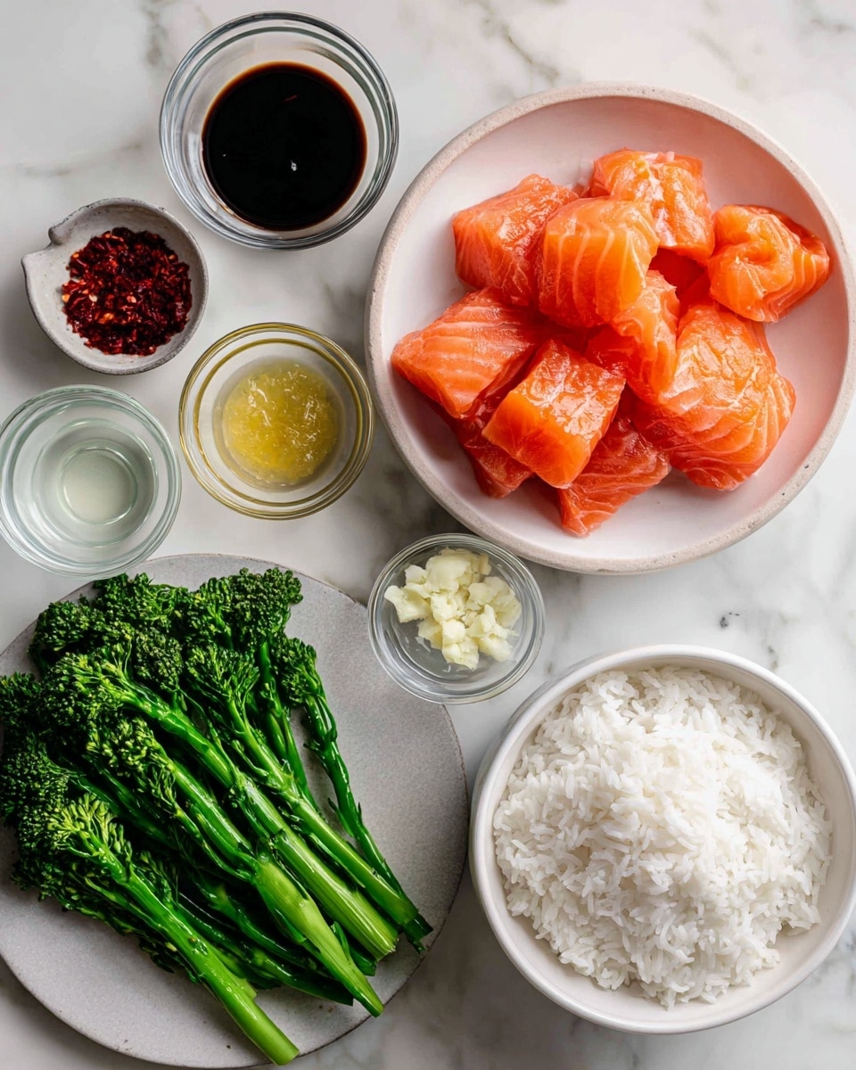 The image shows several white bowls and plates arranged on a white marbled surface. The biggest white bowl on the right is filled with raw salmon pieces, bright orange with light pink marbling. Below it, a white bowl holds fluffy white rice with soft texture. On the left, there is a white plate with fresh green broccolini, thick stems and small flower buds. Smaller clear glass bowls hold minced garlic, light yellow ginger paste, and various clear liquids. There are two additional small white bowls, one with dark soy sauce and another with red chili paste. Photo taken with an iphone --ar 4:5 --v 7