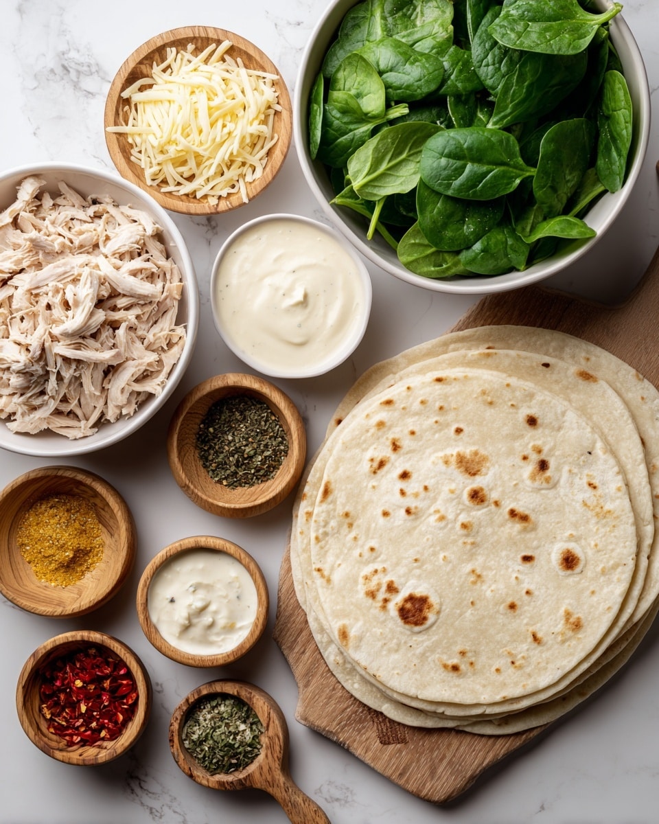 A flat white wooden board is on the right side with three light beige tortillas stacked on top of each other showing small brown spots; to the left of the board are several white bowls and small wooden bowls with different ingredients arranged neatly on a white marbled surface. The largest white bowl contains fresh green spinach leaves with a smooth texture. Below it to the left is another white bowl filled with light beige shredded chicken that looks tender. Next to these are smaller wooden bowls with ground black pepper, yellow powder, and garlic powder. There are small white and wooden bowls holding creamy white sauce, crumbled white cheese, crushed red pepper flakes, leafy dried herbs, and finely chopped red peppers. All items are arranged in a neat, spacious pattern with clear focus on the contrast of fresh green, light tan, and small colorful touches on a clean white marbled background. photo taken with an iphone --ar 4:5 --v 7